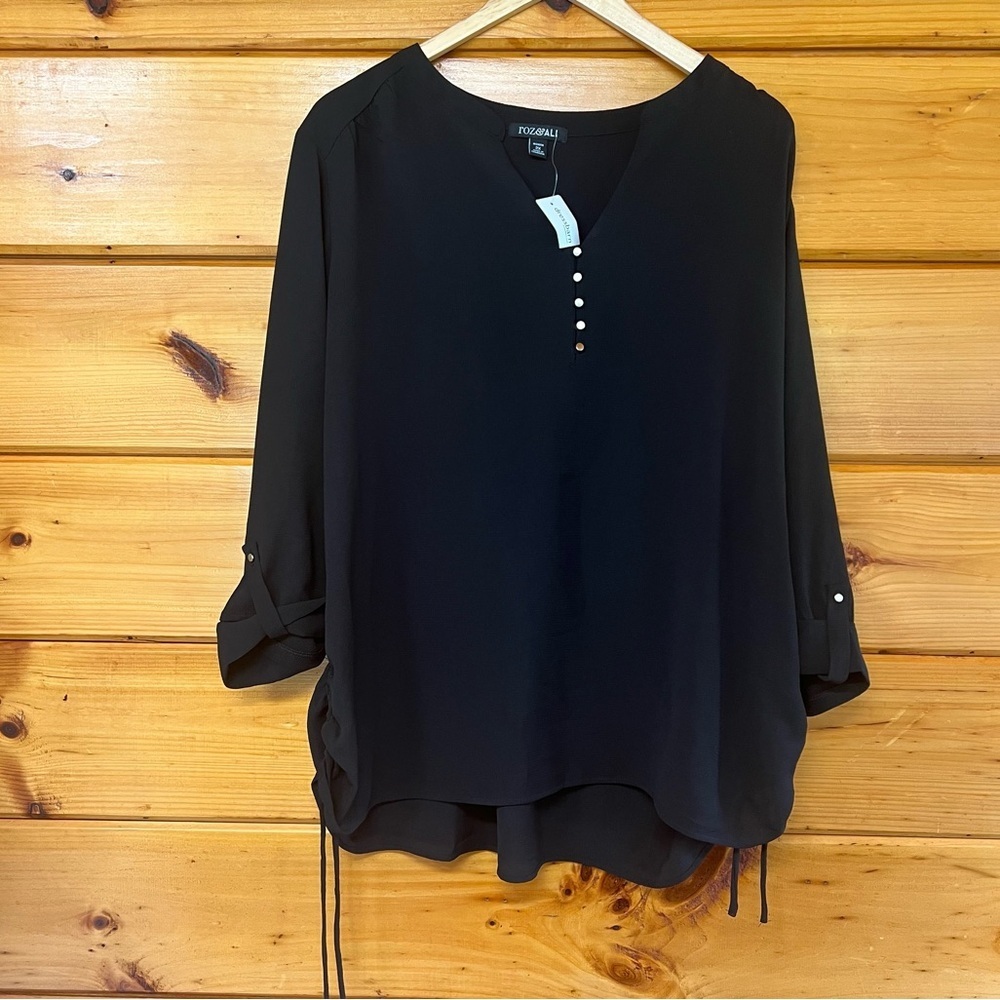 Roz & Ali Black Blouse with Ruched Sides & Golden Button-Up 3/4 Sleeve Plus 2X